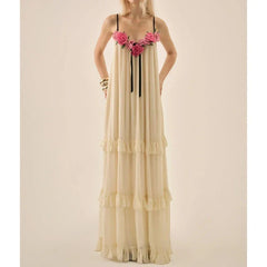 3D Floral Spaghett Strap Tiered Ruffle Maxi Dress