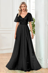 Black A-Line V Neck Long Formal Dress with Sequins
