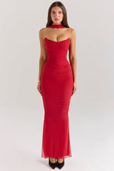 Cassidy-Holly Red Mesh Maxi Skirt with Fluted Hem
