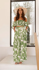 Callison Crop Top and Pants Set - Green Print
