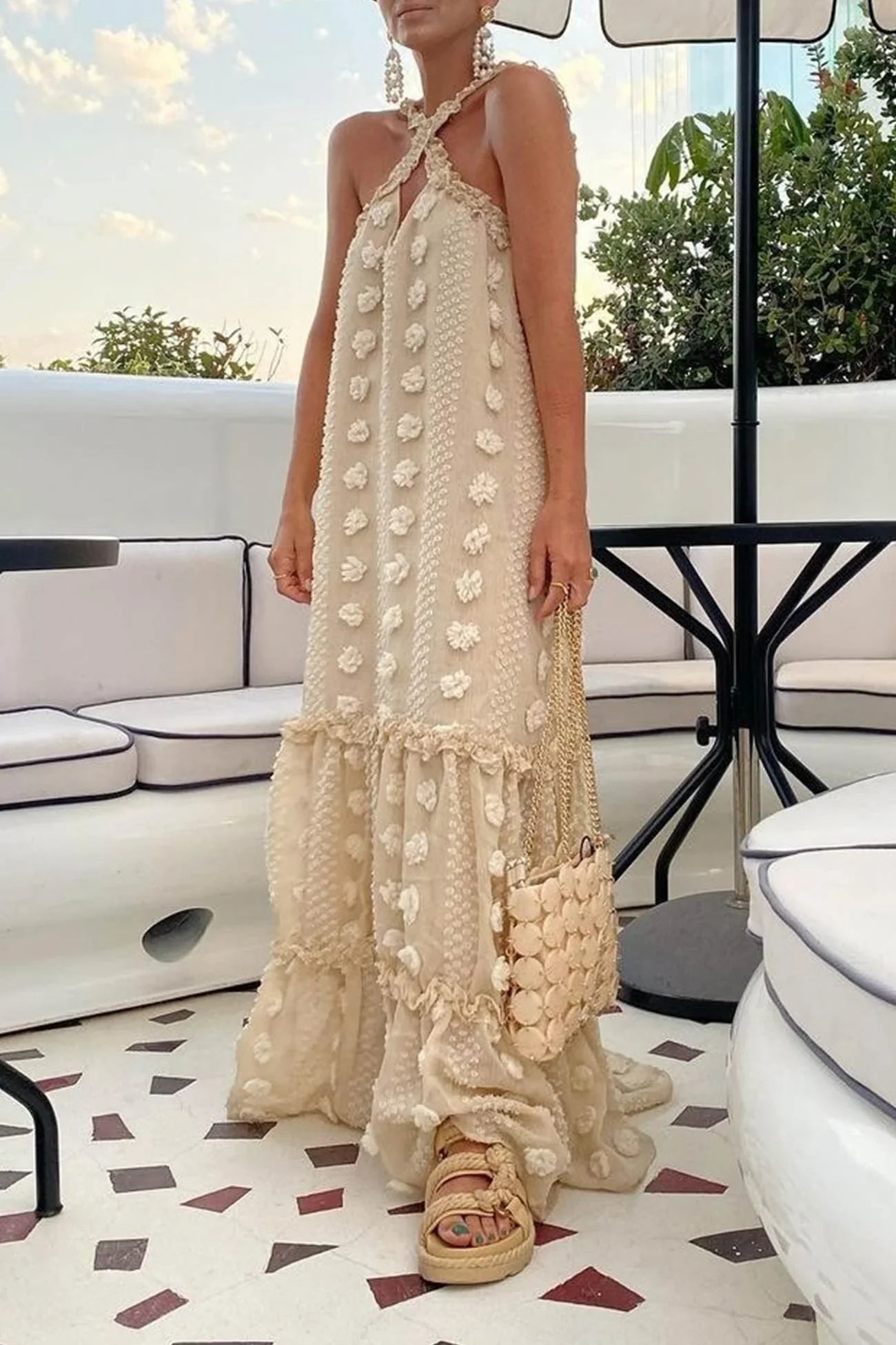 3D Floral Criss-cross Halterneck Maxi Dress