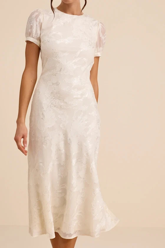 Bridget Ivory Floral Jacquard Puff Sleeve Midi Dress