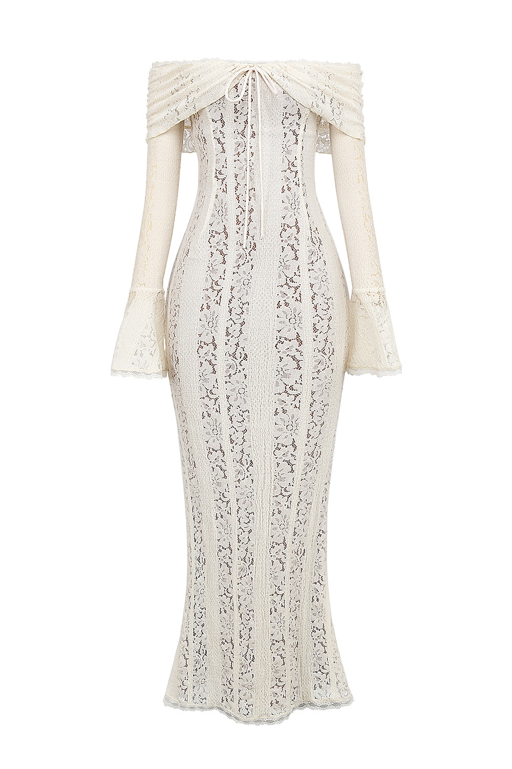 Belle-Vintage Cream Floral Lace Off Shoulder Maxi Dress