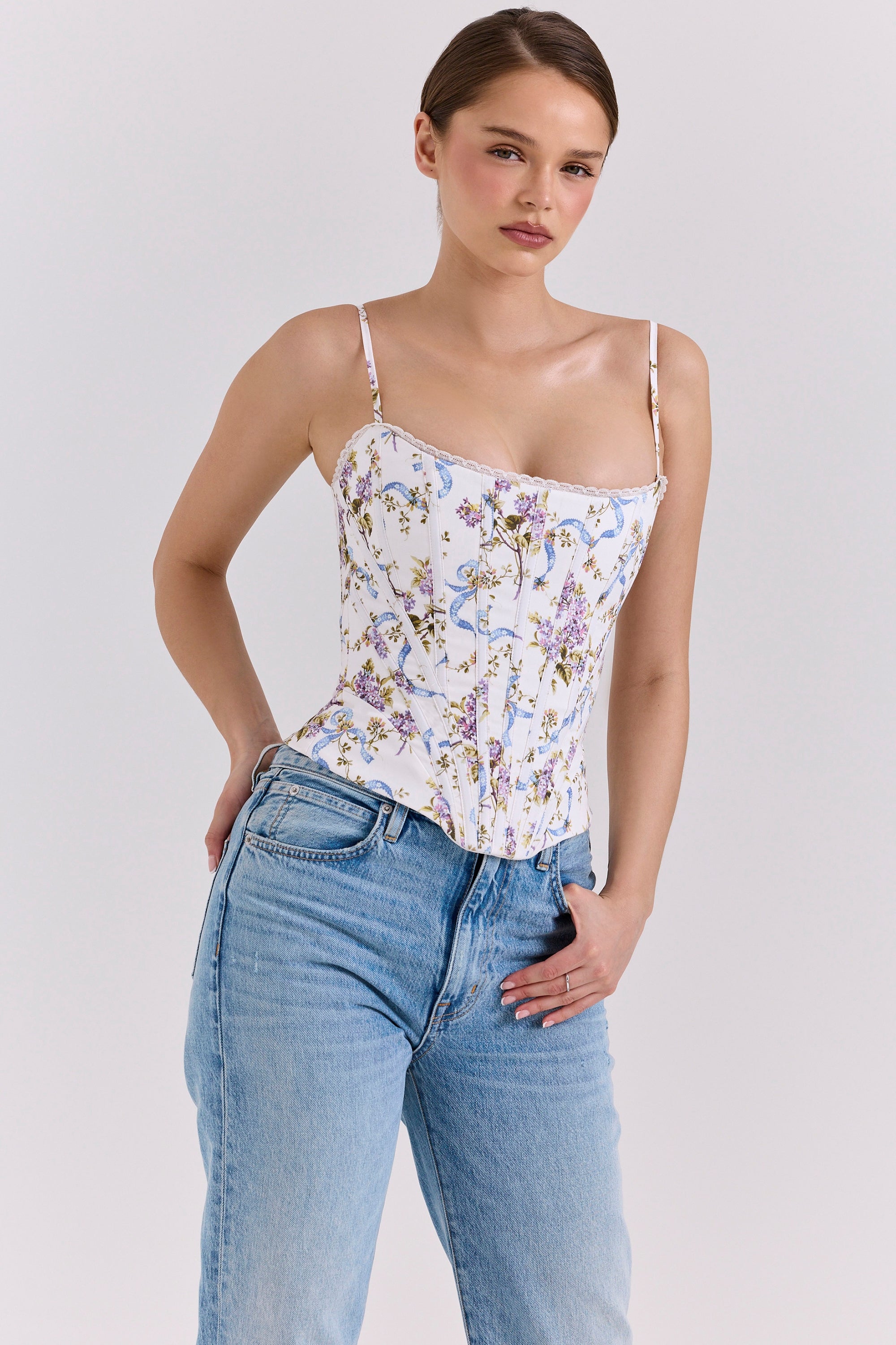 Cadie-White Floral Ribbon Print Cotton Corset Top