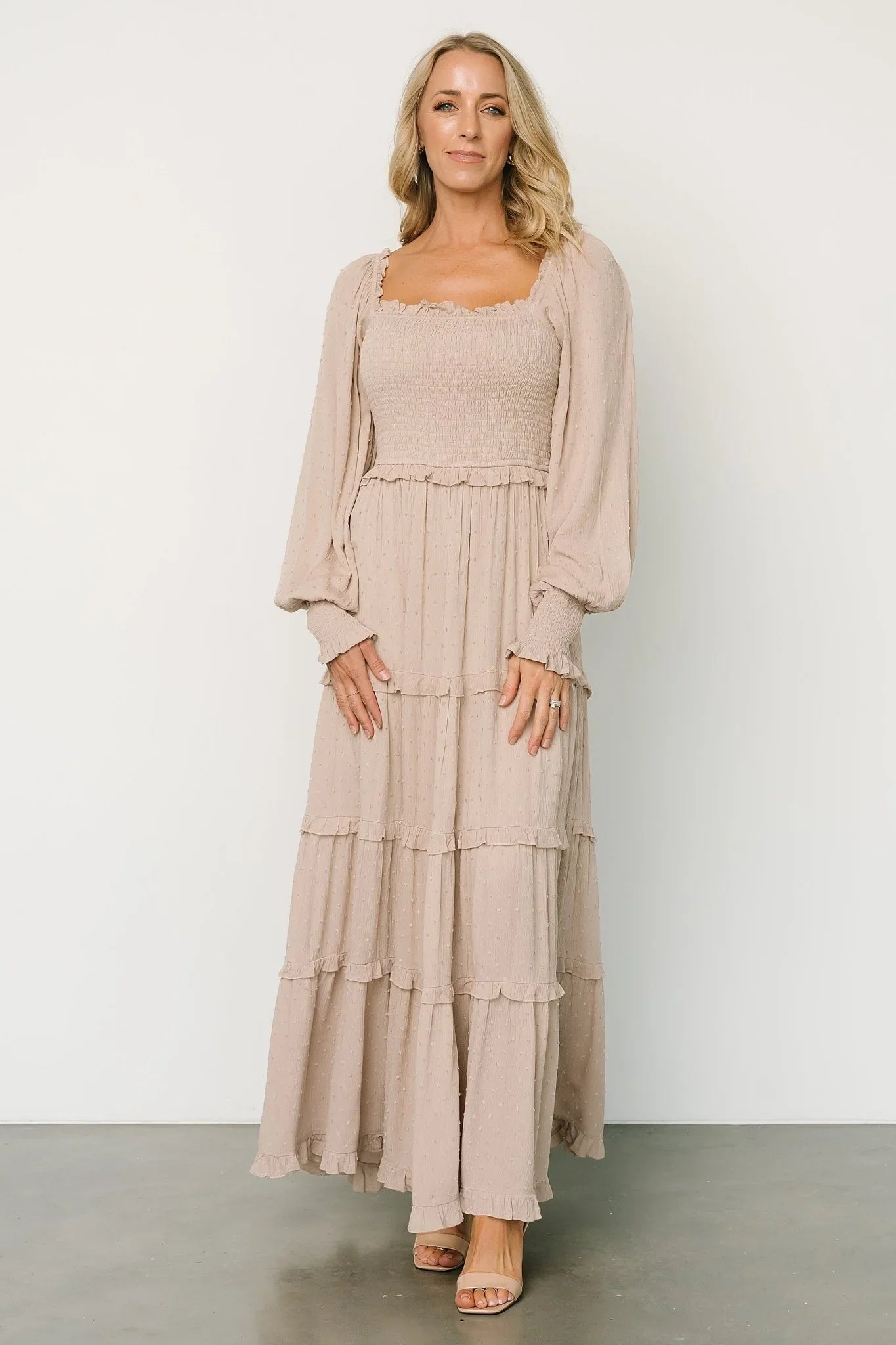 Amanda Smocked Dotted Maxi Dress | Beige