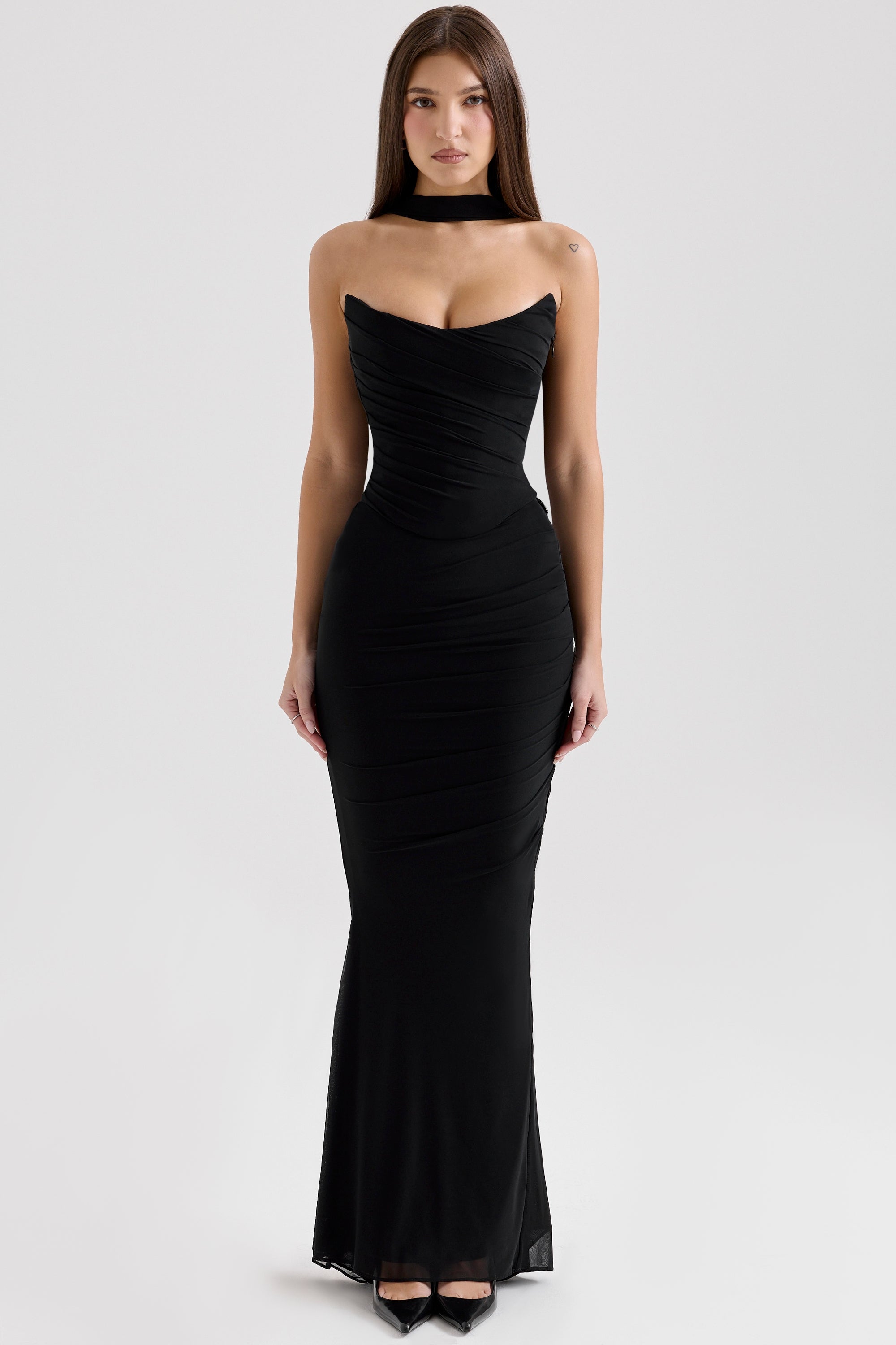 Cassidy-Black Mesh Maxi Skirt with Fluted Hem
