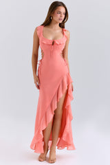 Aloura-Coral Georgette Ruffle Maxi Dress