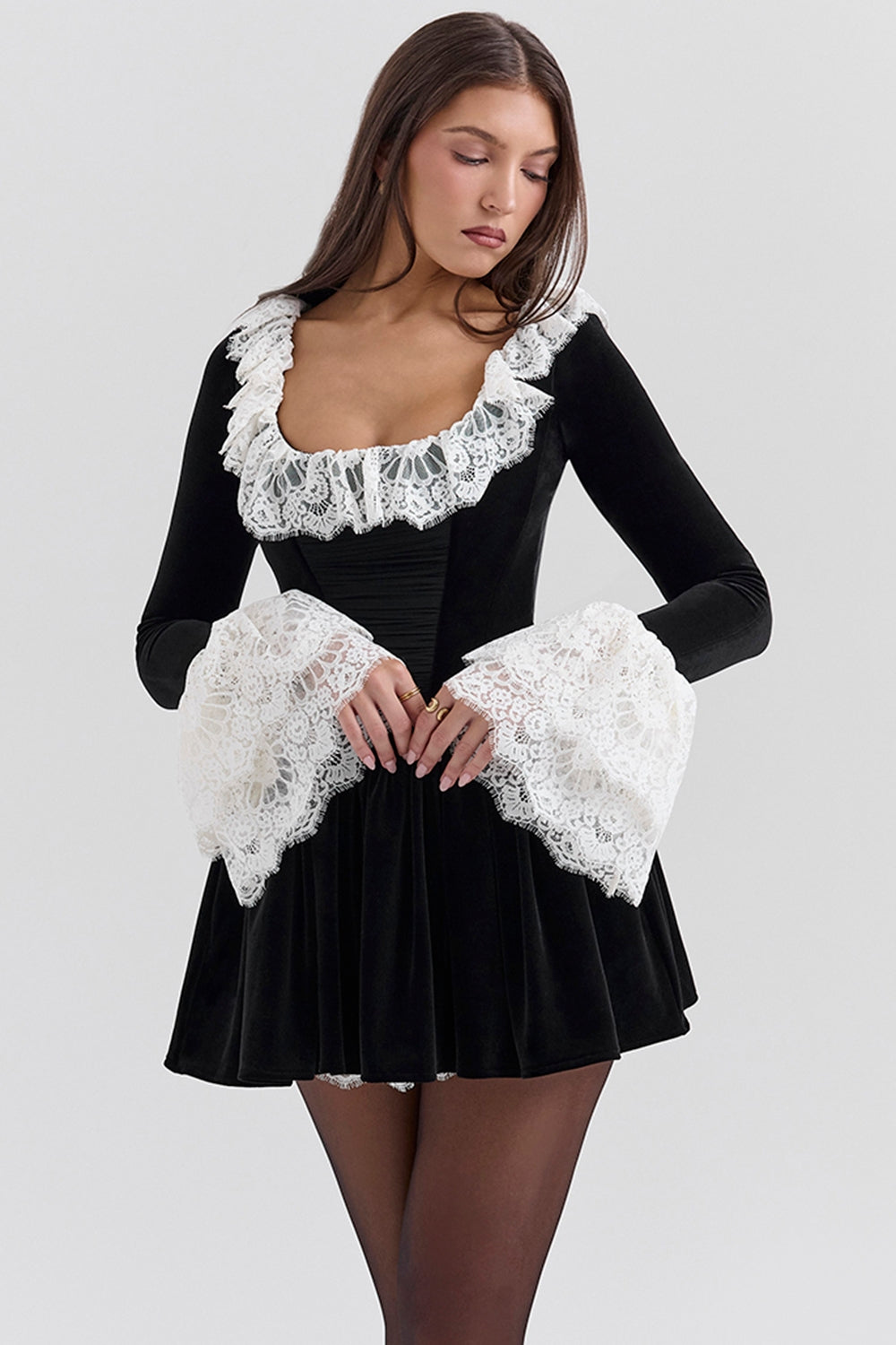 Czarina-Black Velvet Lace Trimmed Mini Dress - SALE