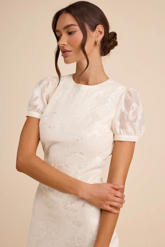 Bridget Ivory Floral Jacquard Puff Sleeve Midi Dress