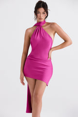 Aida-Hot Pink Asymmetric Wrap Neck Dress