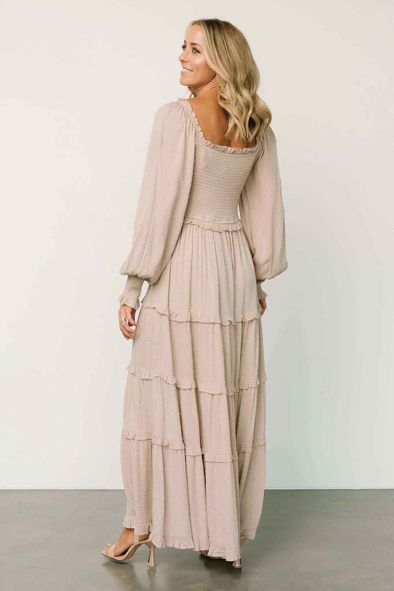 Amanda Smocked Dotted Maxi Dress | Beige