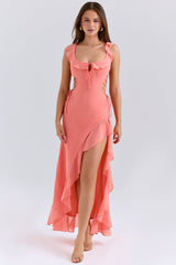 Aloura-Coral Georgette Ruffle Maxi Dress