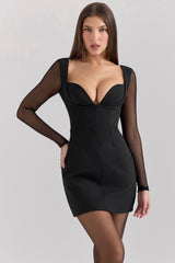 Angelie-Black Stretch Crepe Plunge Mini Dress