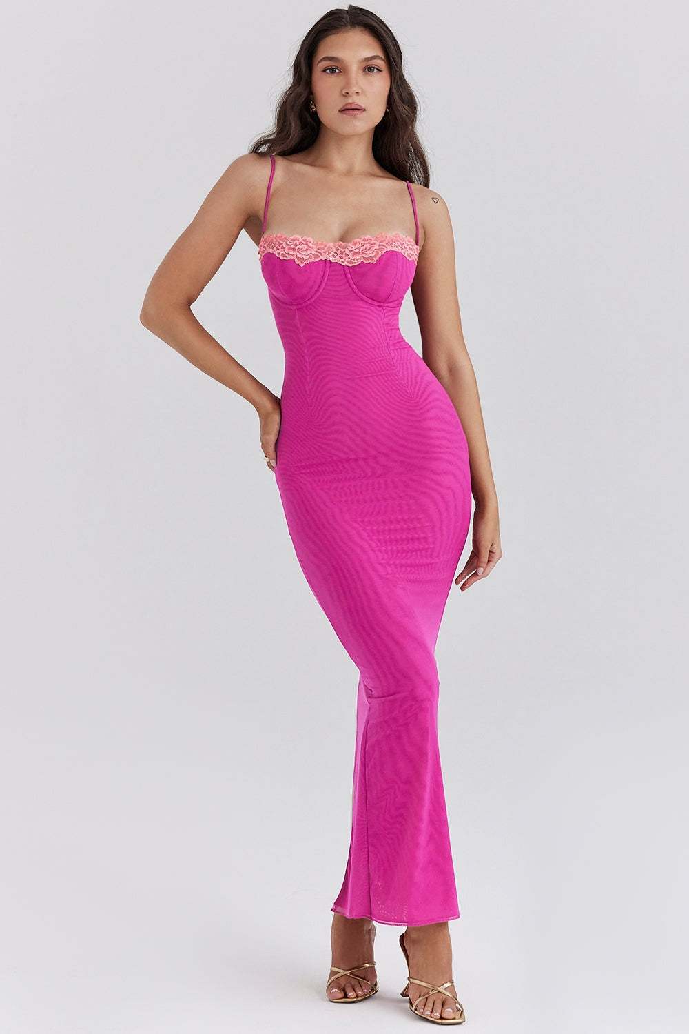 Aiza-Raspberry Lace Trimmed Maxi Dress