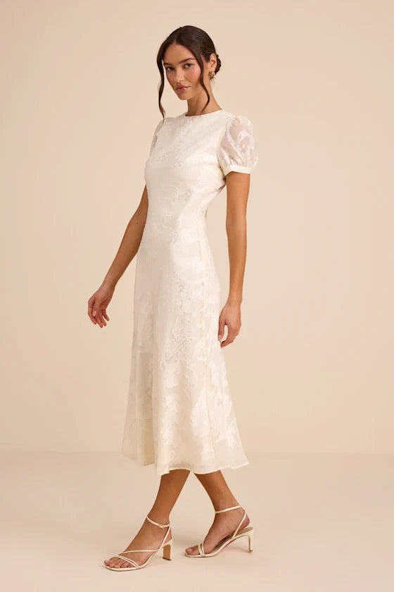 Bridget Ivory Floral Jacquard Puff Sleeve Midi Dress