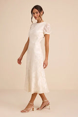 Bridget Ivory Floral Jacquard Puff Sleeve Midi Dress