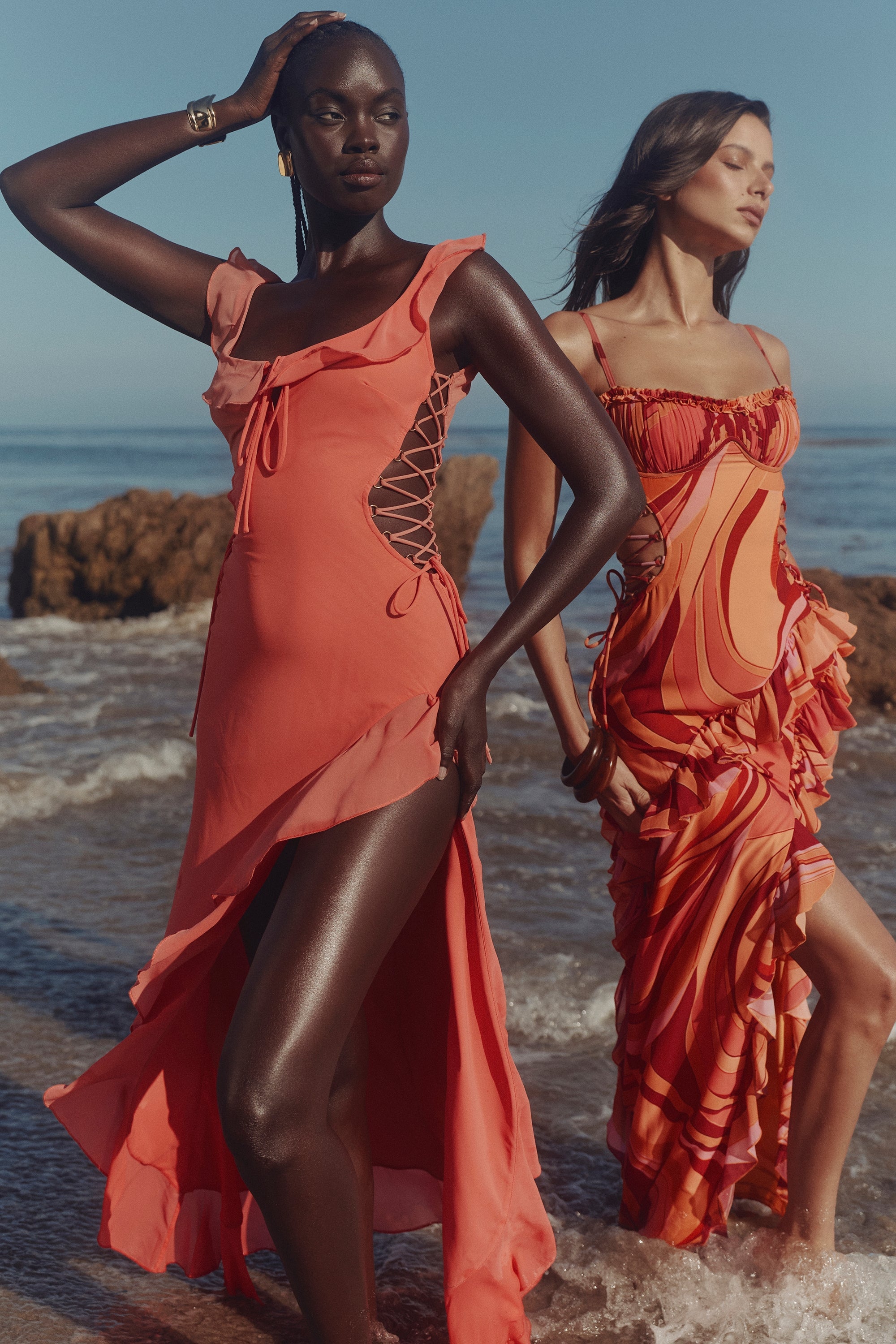 Aloura-Coral Georgette Ruffle Maxi Dress