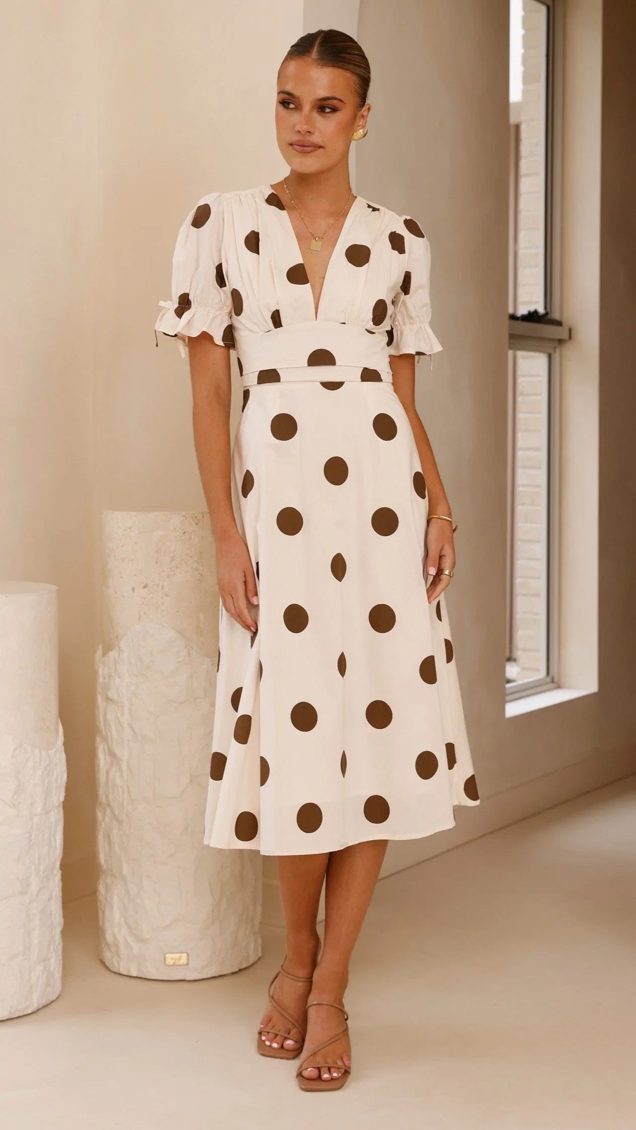 Alondra Midi Dress - White/Camel