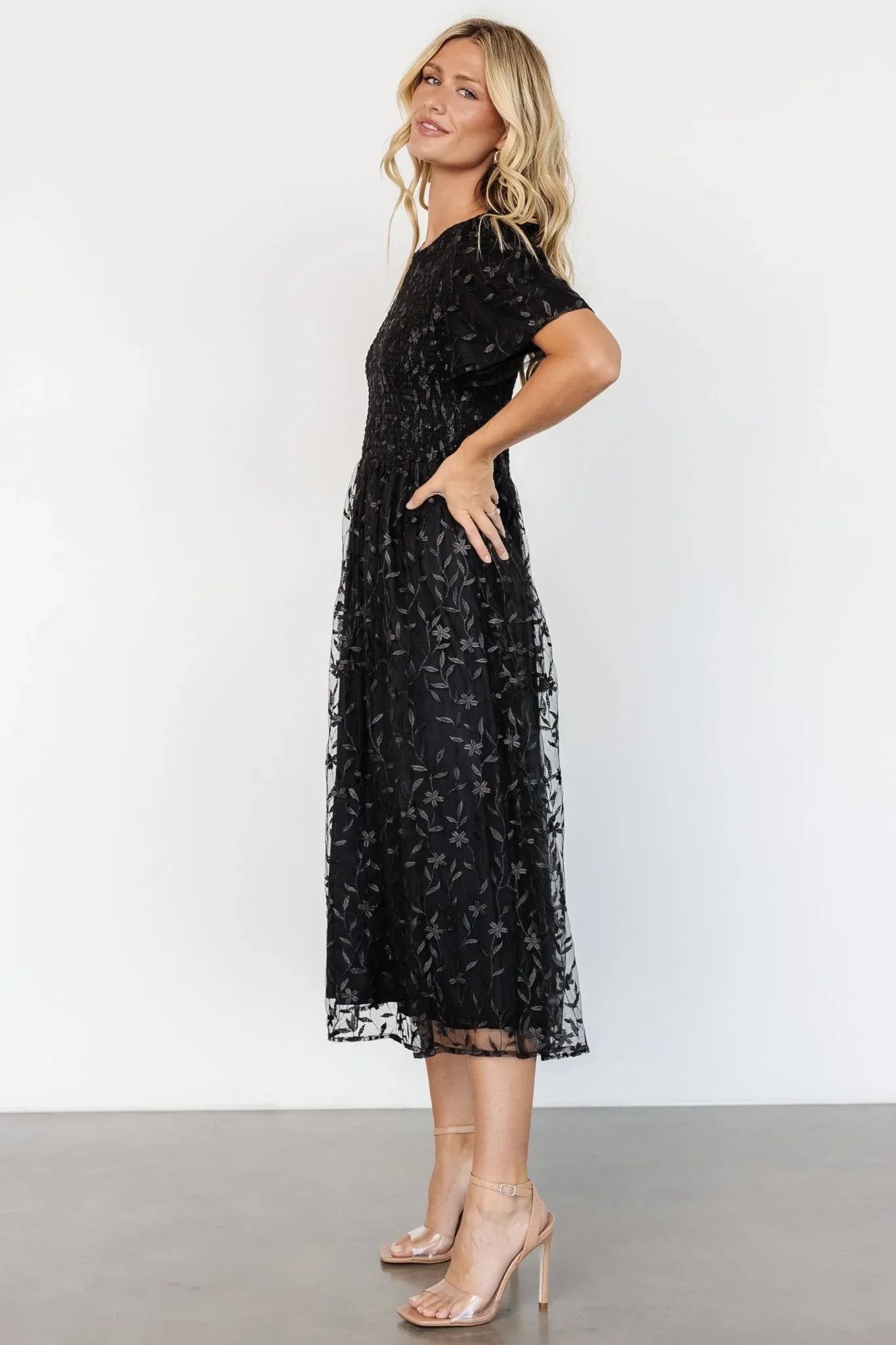 Cara Embroidered Midi Dress | Black