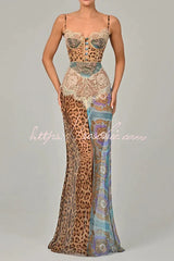 Chiffon Leopard Print Sexy Lace Splicing High Slit Slim Maxi Dress