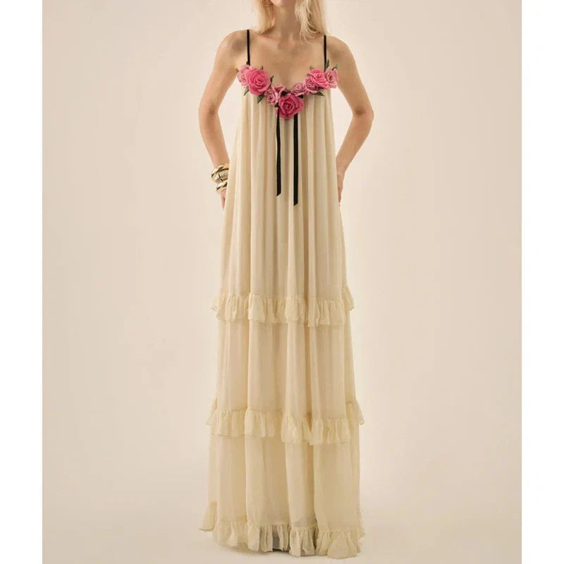 3D Floral Spaghett Strap Tiered Ruffle Maxi Dress