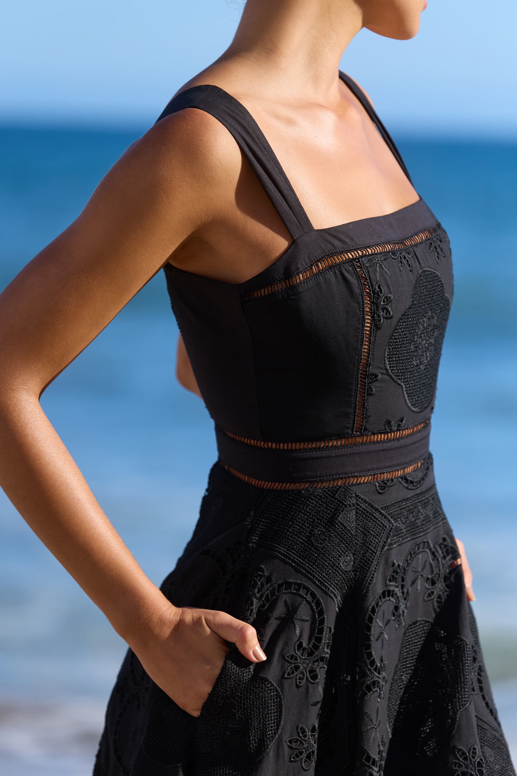 black cotton placement broderie anglaise midi dress