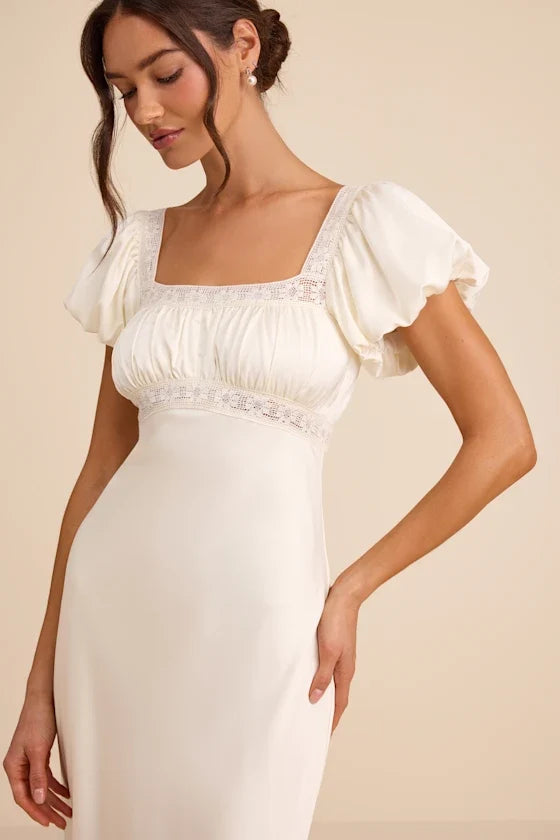 Catherine Ivory Satin Puff Sleeve Slip Midi Dress