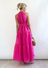 2023 Fashion Trends | Hot Pink Halter Retro Maxi Summer Dress