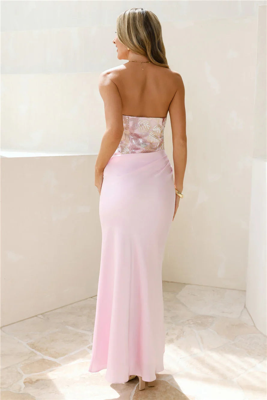 City Lights Chic Strapless Satin Maxi Dress Pink