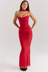 Cassidy-Holly Red Mesh Maxi Skirt with Fluted Hem