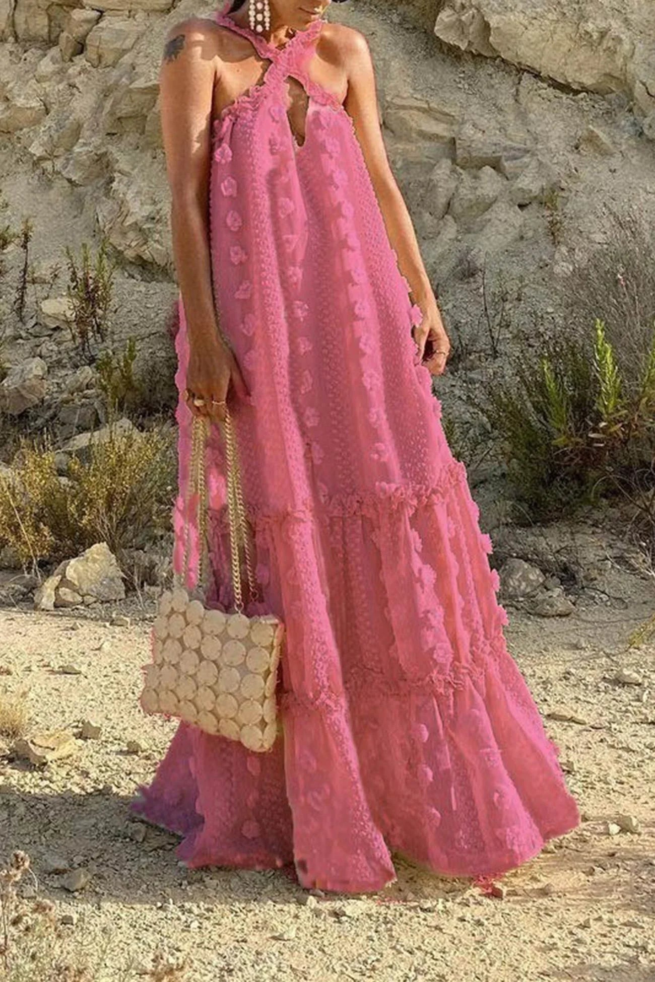 3D Floral Criss-cross Halterneck Maxi Dress