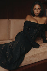 Belle-Black Off Shoulder Floral Lace Maxi Dress