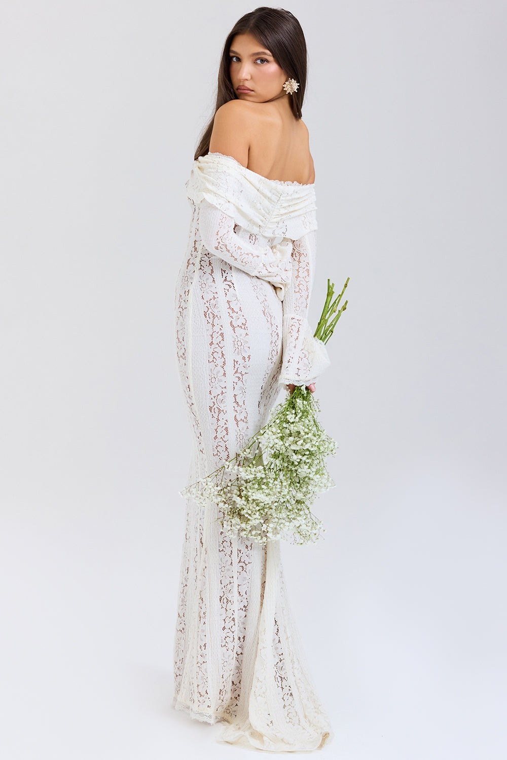 Belle-Vintage Cream Floral Lace Off Shoulder Maxi Dress