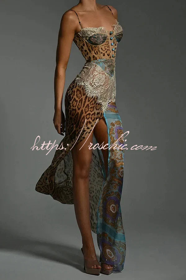 Chiffon Leopard Print Sexy Lace Splicing High Slit Slim Maxi Dress