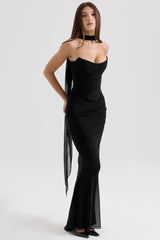 Cassidy-Black Mesh Maxi Skirt with Fluted Hem