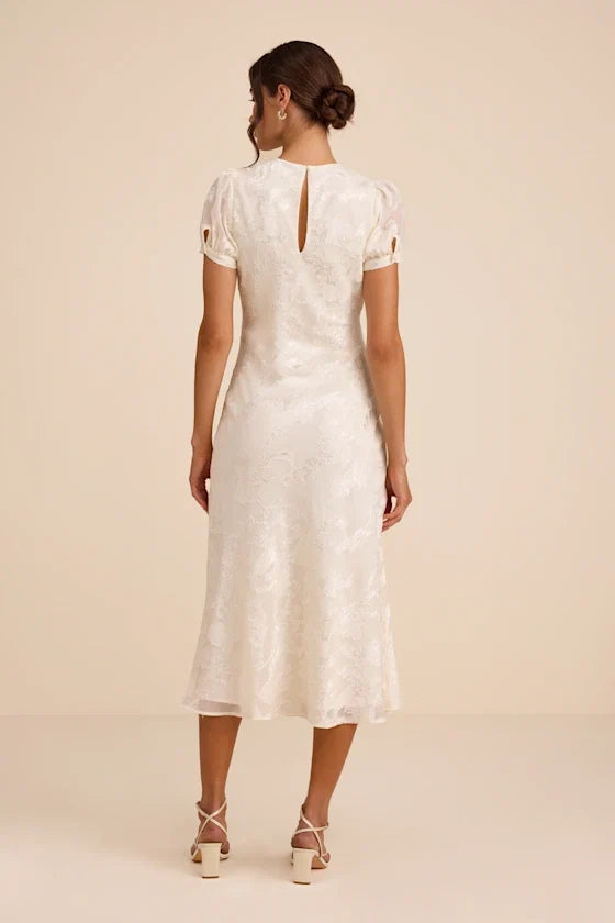 Bridget Ivory Floral Jacquard Puff Sleeve Midi Dress