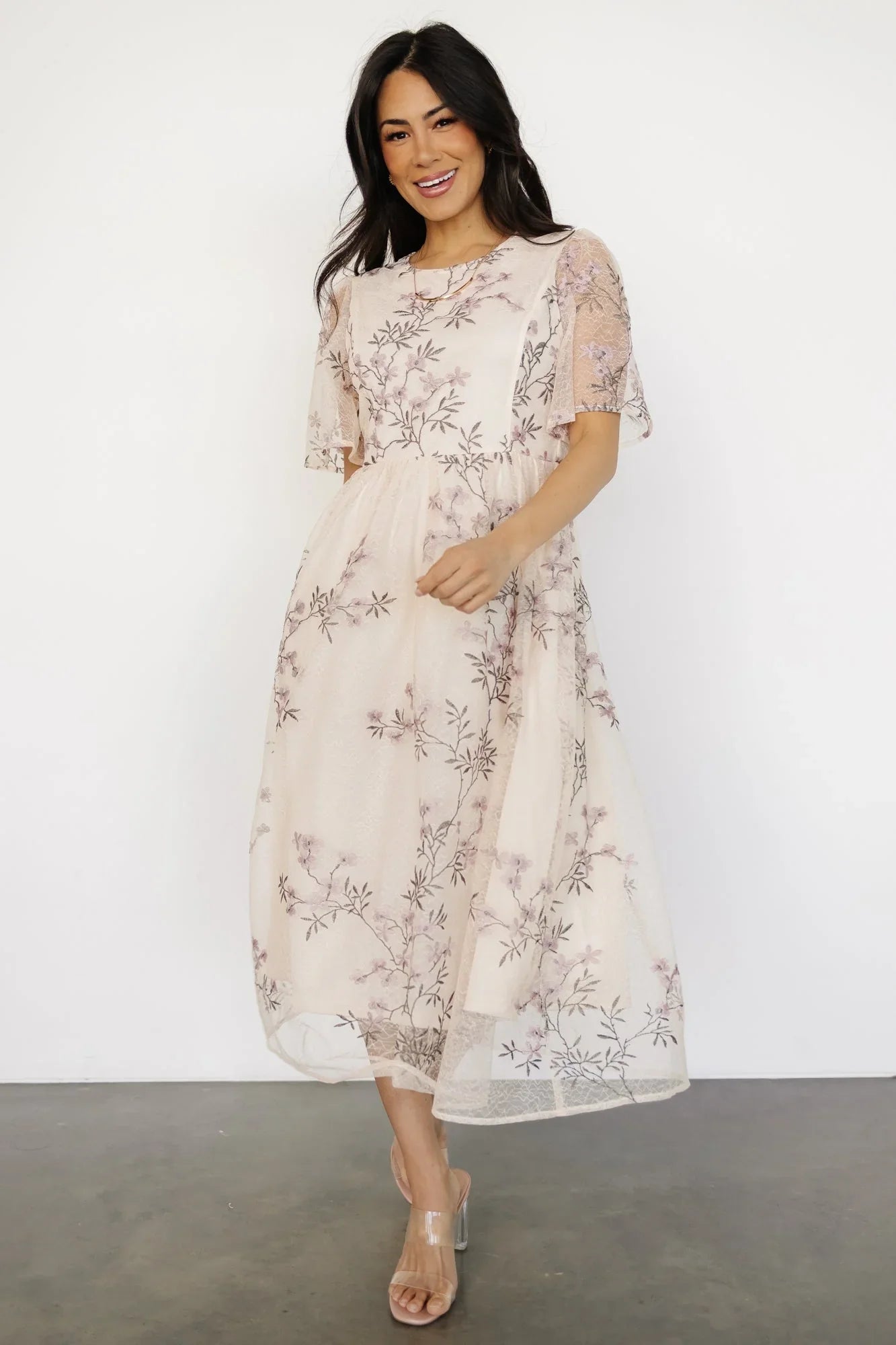 Ashlee Embroidered Midi Dress | Cream + Lavender Floral
