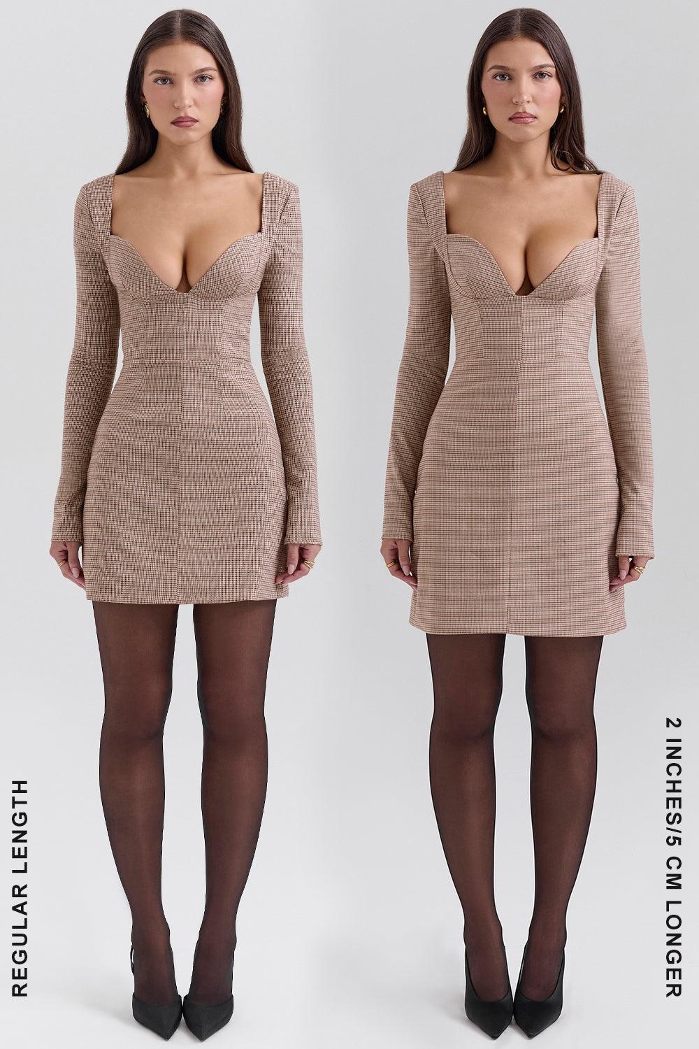 Angelie-Brown Puppytooth Check Plunge Mini Dress - SALE