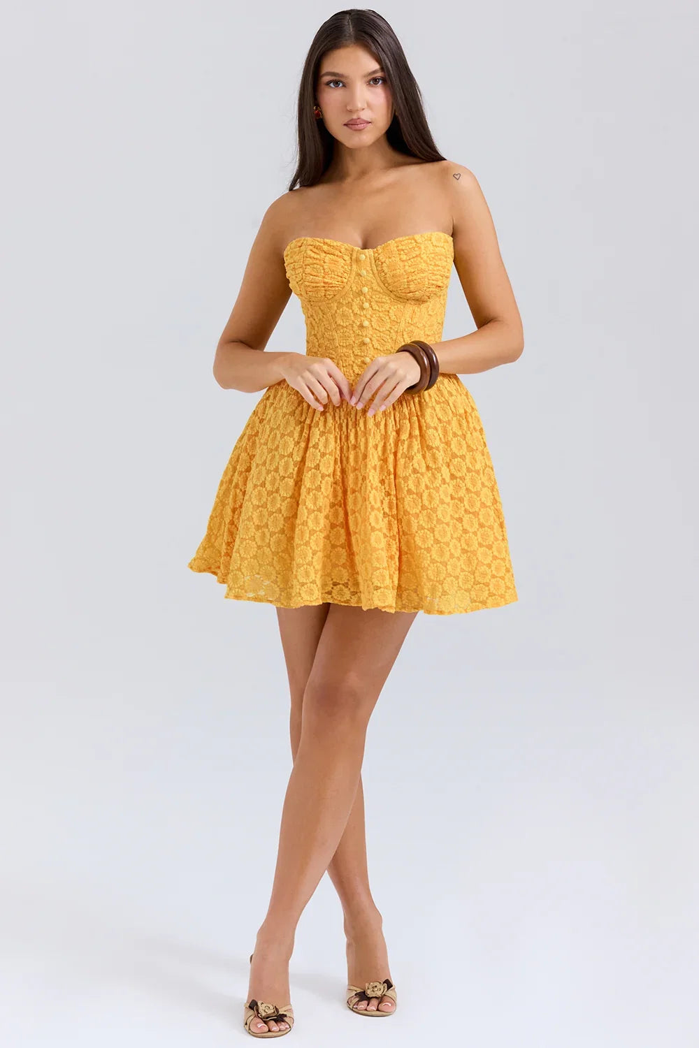 Apricot Lace Corset Mini Dress - Yellow