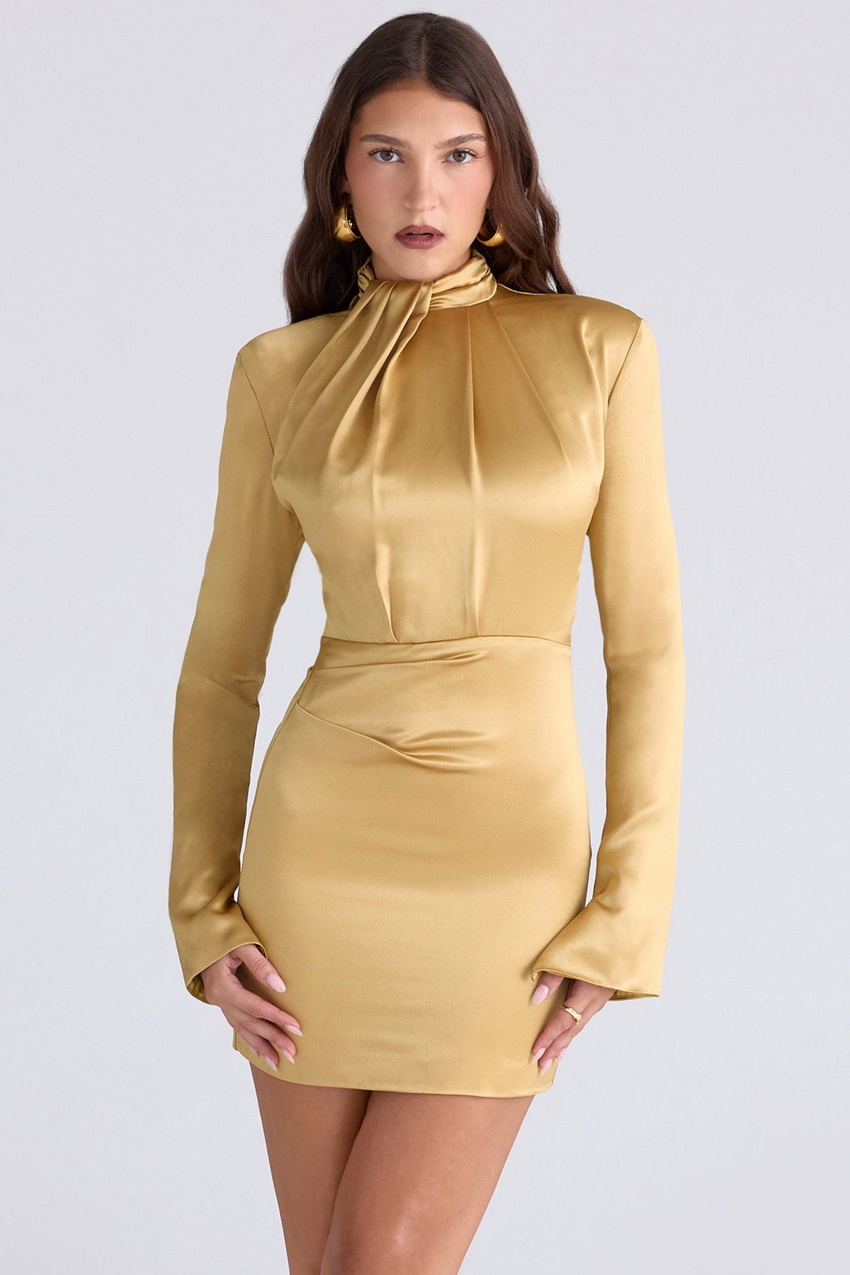 Amala-Gold Long Sleeve Satin Mini Dress