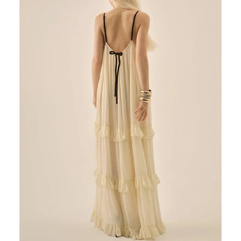 3D Floral Spaghett Strap Tiered Ruffle Maxi Dress