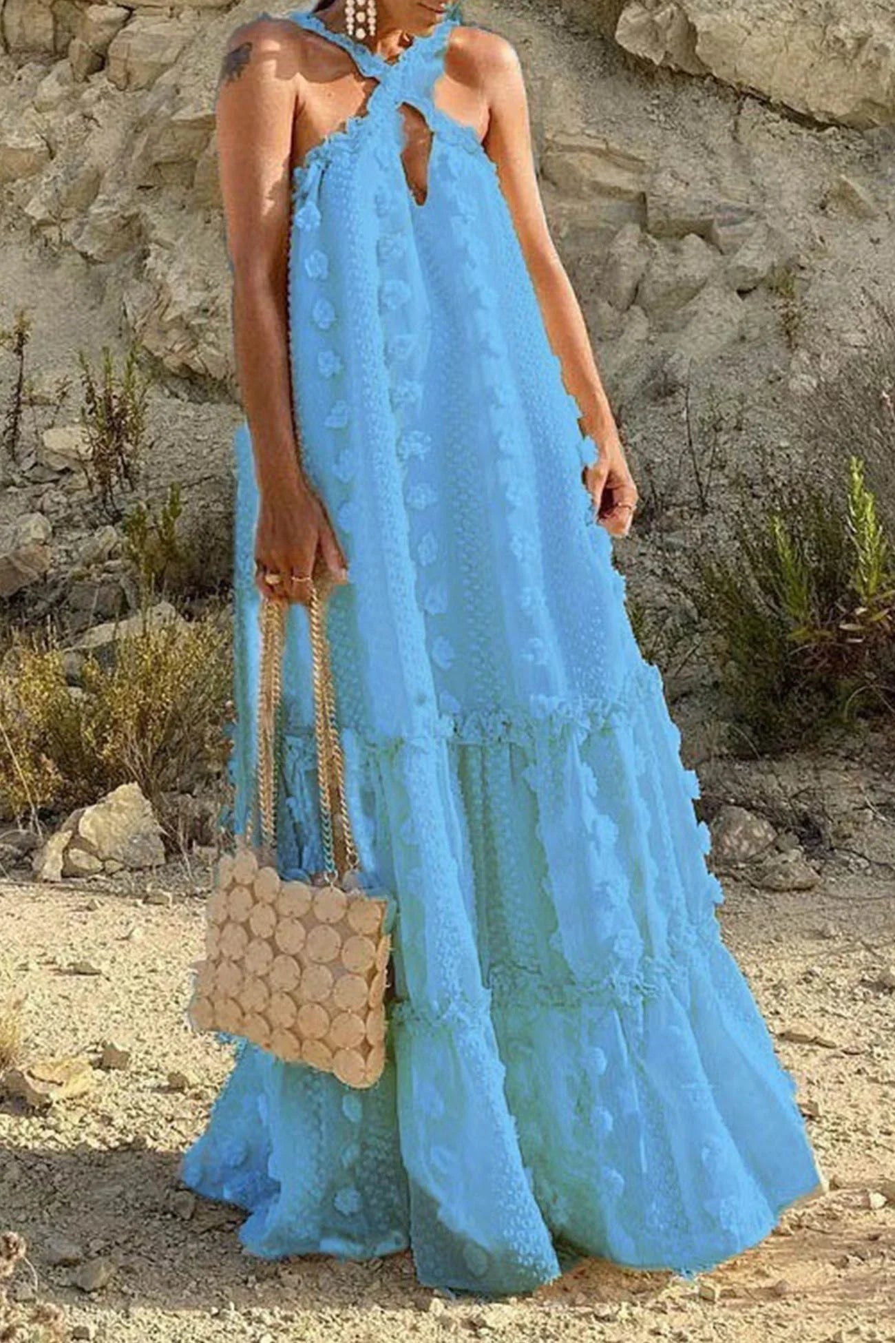 3D Floral Criss-cross Halterneck Maxi Dress