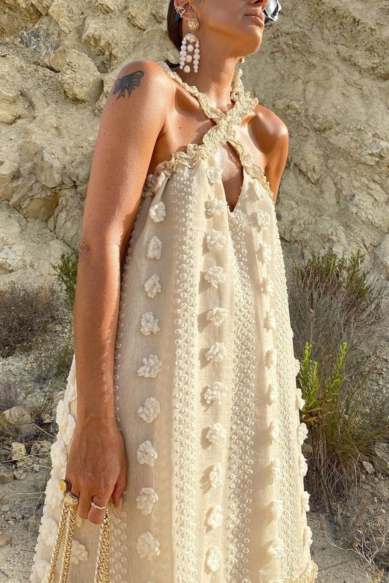 3D Floral Criss-cross Halterneck Maxi Dress