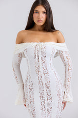 Belle-Vintage Cream Floral Lace Off Shoulder Maxi Dress