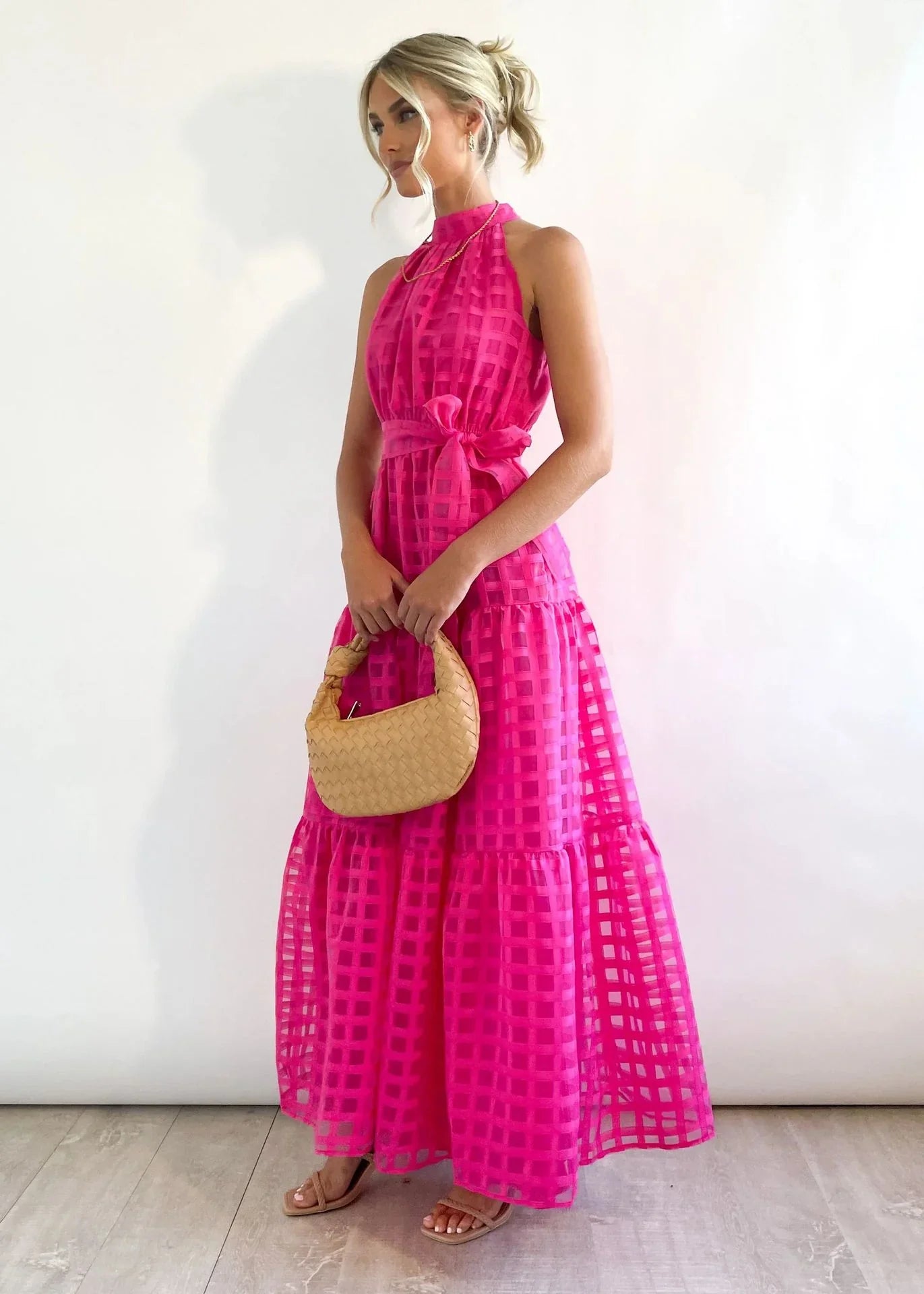2023 Fashion Trends | Hot Pink Halter Retro Maxi Summer Dress