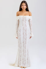 Belle-Vintage Cream Floral Lace Off Shoulder Maxi Dress