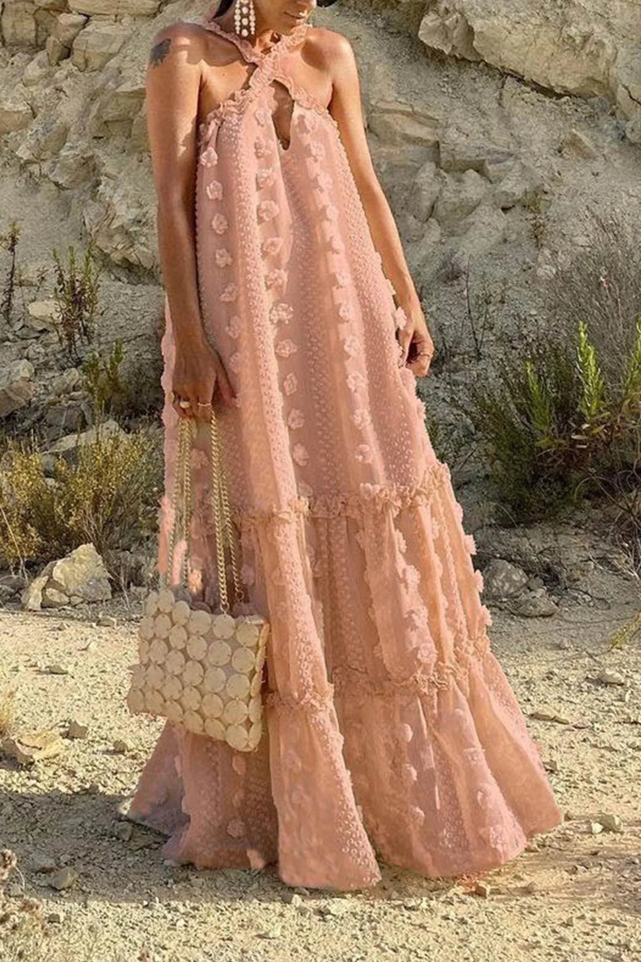 3D Floral Criss-cross Halterneck Maxi Dress