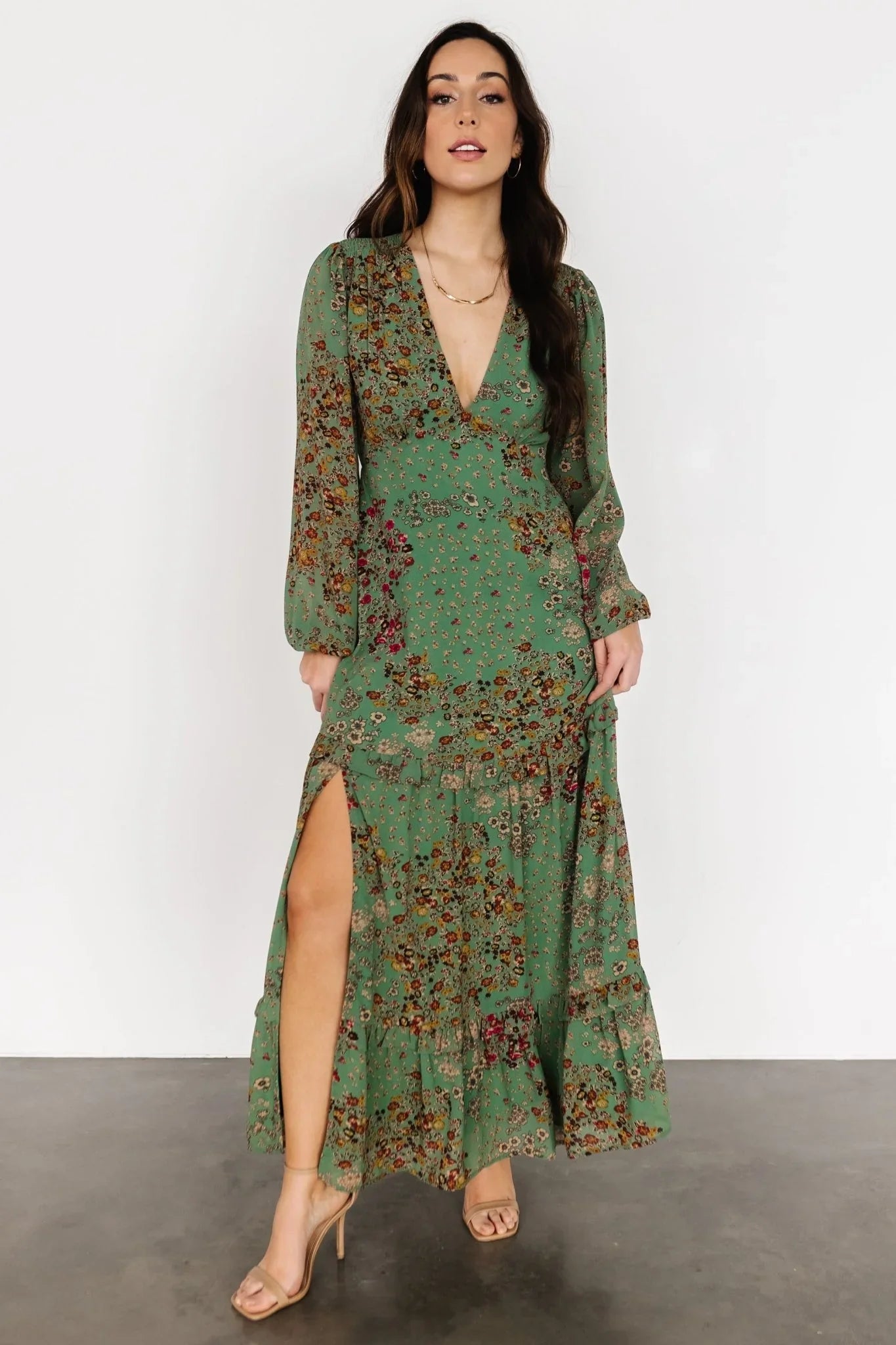 Bowman Deep V Maxi Dress | Green Multi