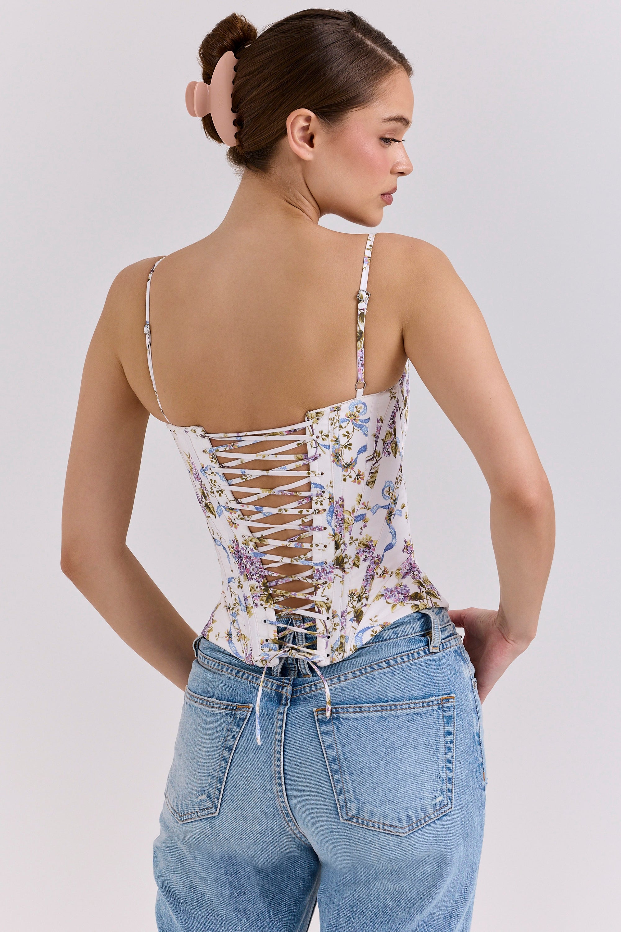 Cadie-White Floral Ribbon Print Cotton Corset Top