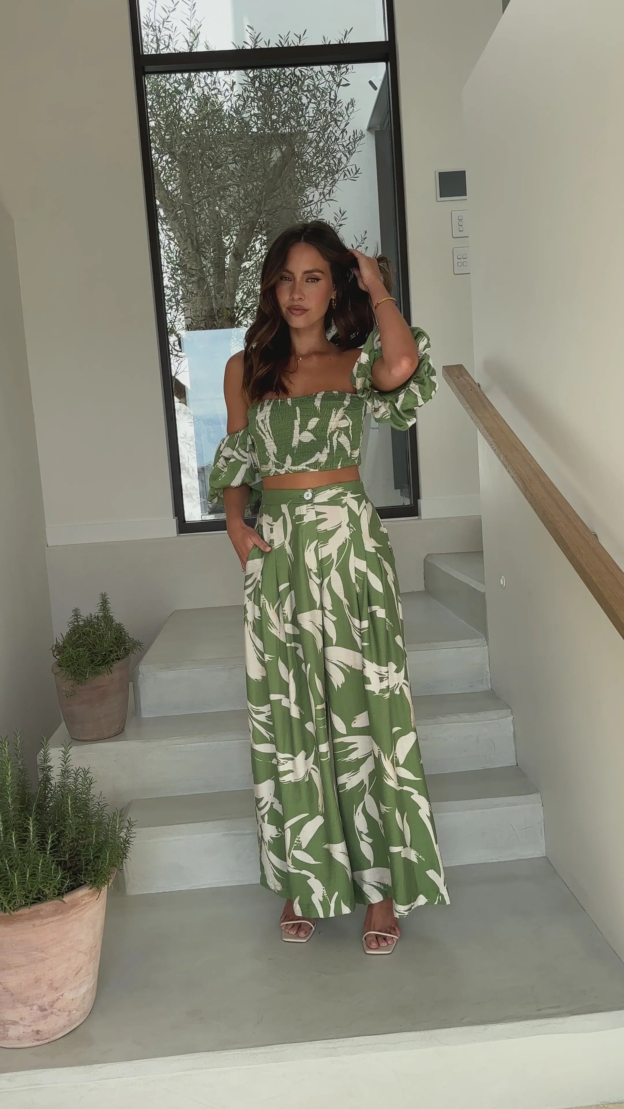 Callison Crop Top and Pants Set - Green Print